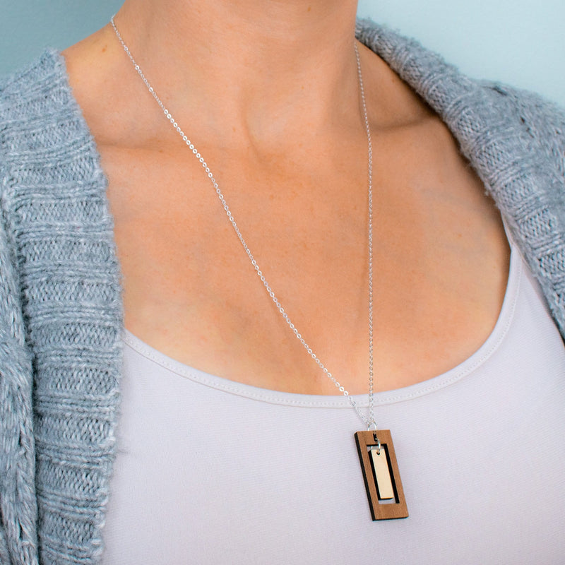 Rectangle Charm Wood Necklace with 24" Chain