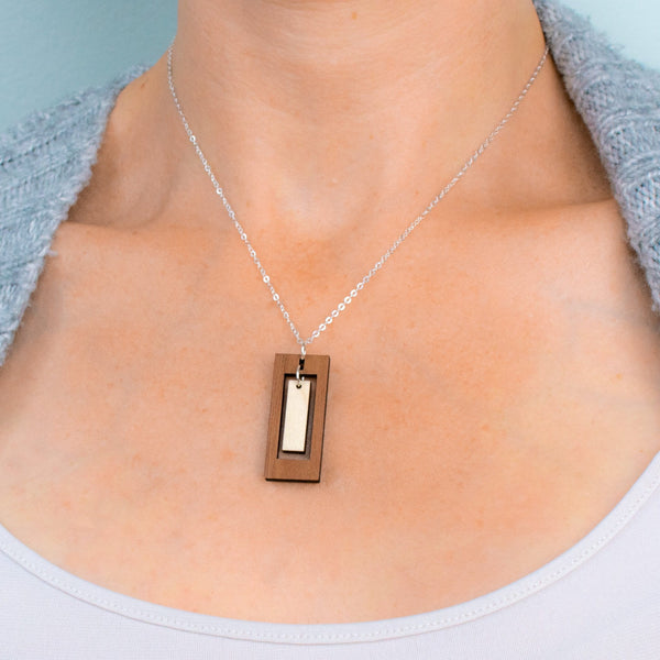 Rectangle Charm Wood Necklace with 16" Chain