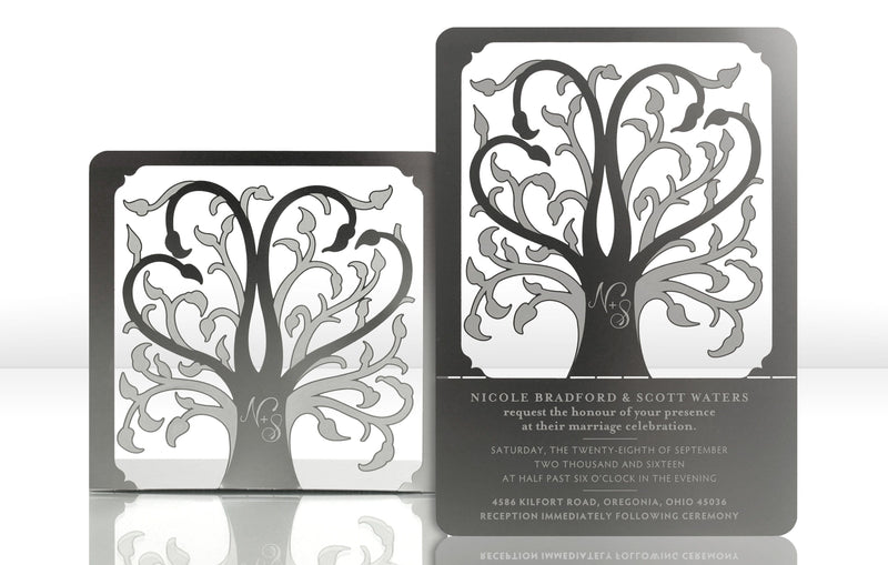 Silver Metal Wedding Invitation with Tree of Life Design