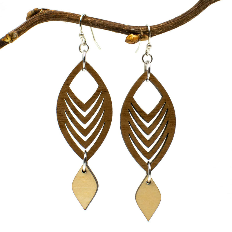 Curved Chevron Two-Tone Hardwood and Silver Dangle Earrings