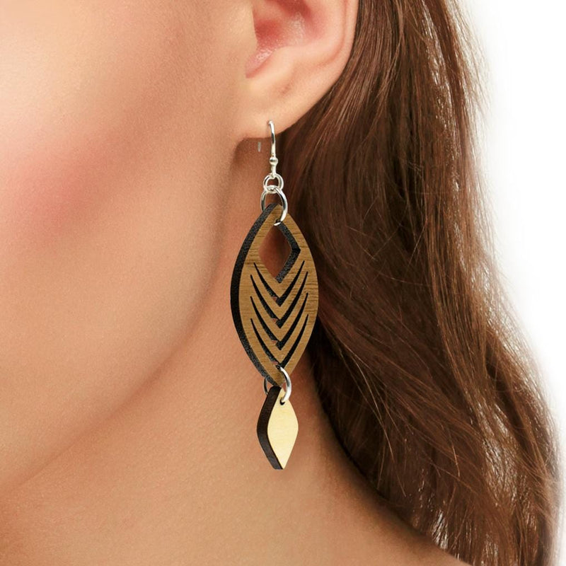 Curved Chevron Wood Dangle Earrings with Silver Hooks