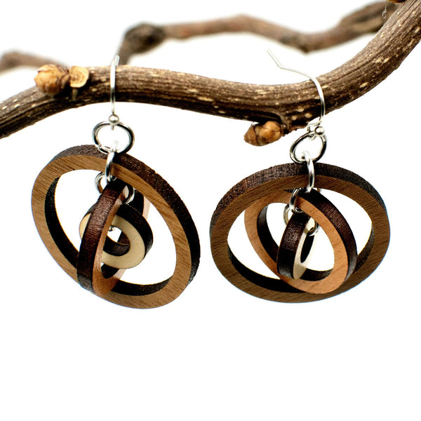 Gyroscope Circles Three-Tone Hardwood and Silver Dangle Earrings