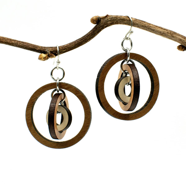 Gyroscope Circles Three-Tone Hardwood and Silver Dangle Earrings