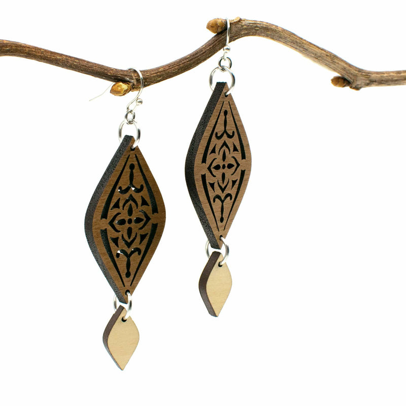 Scroll Design Earrings Two Tone Wood and Silver