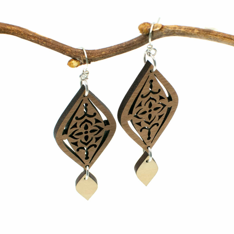 Moroccan Motif Earrings Two Tone Wood and Silver