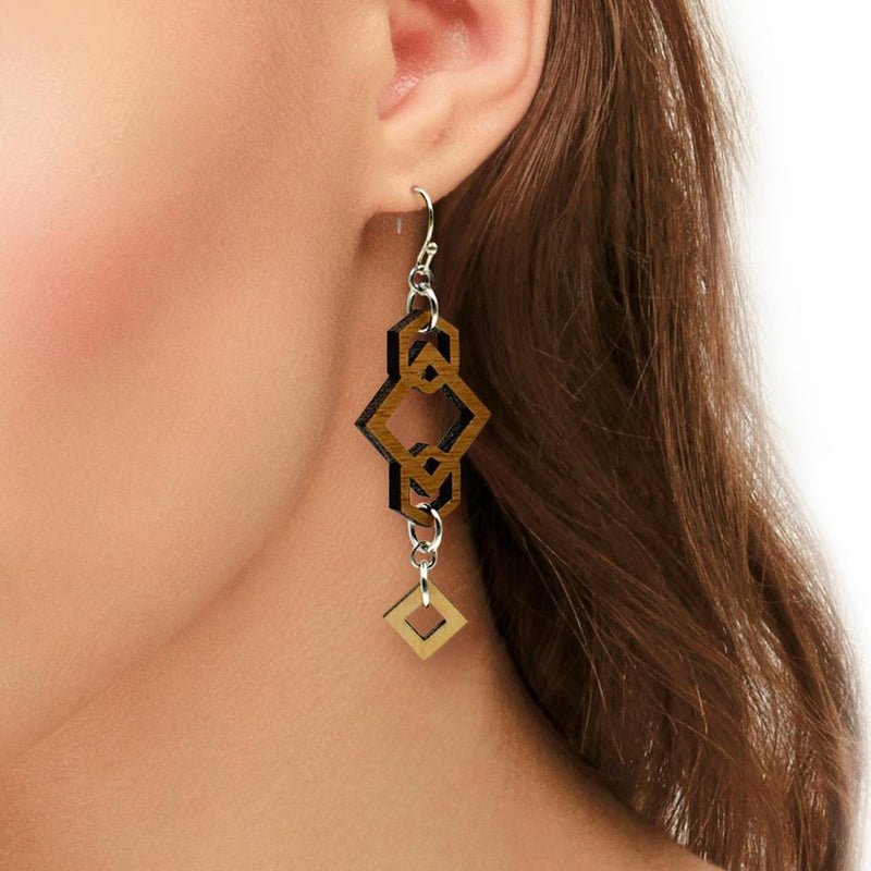 Geometric Two-Tone Hardwood and Silver Dangle Earrings
