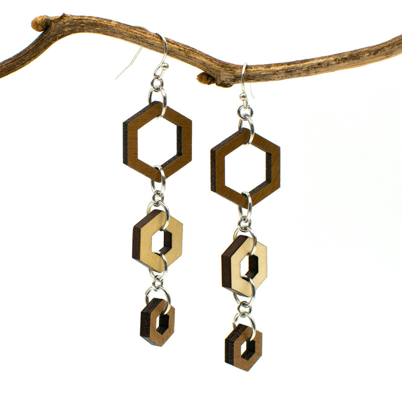 Hexagon Two-Tone Hardwood and Silver Dangle Earrings