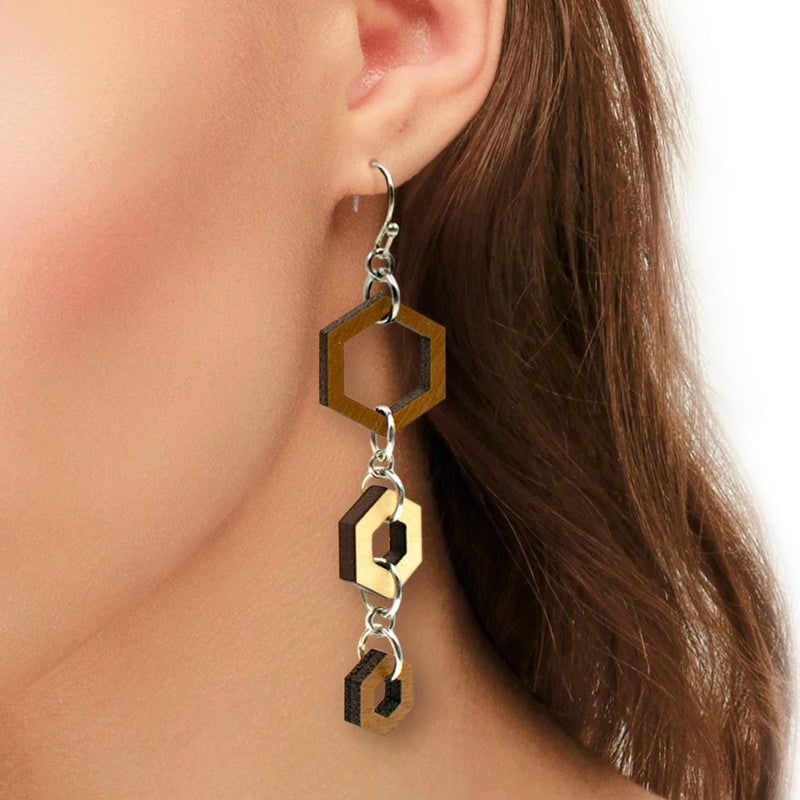 Hexagon Wood Dangle Earrings with Silver Hooks