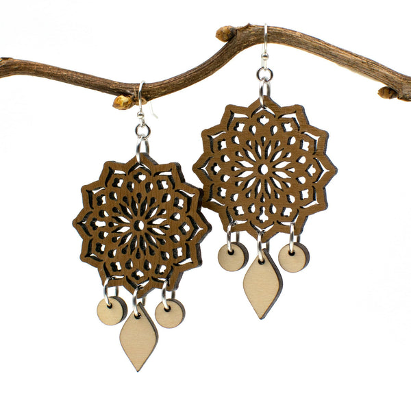 Mandala Two-Tone Hardwood and Silver Dangle Earrings