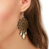 Mandala Design Wood Dangle Earrings with Silver Hooks