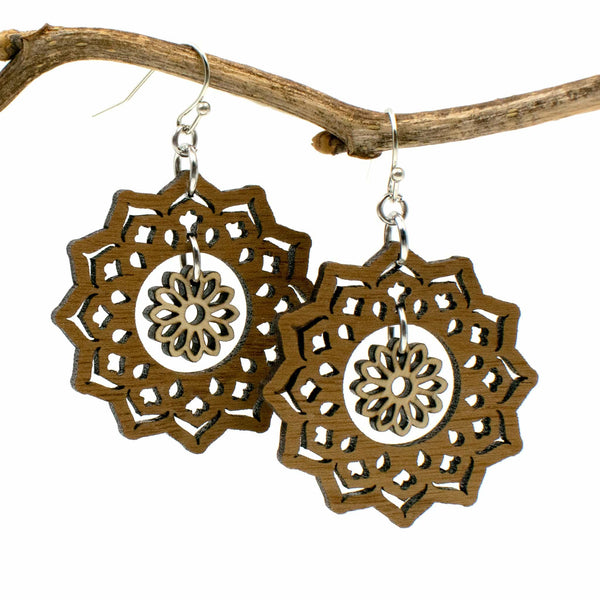 Wood Mandala and Flower Dangle Two Tone Boho Earrings