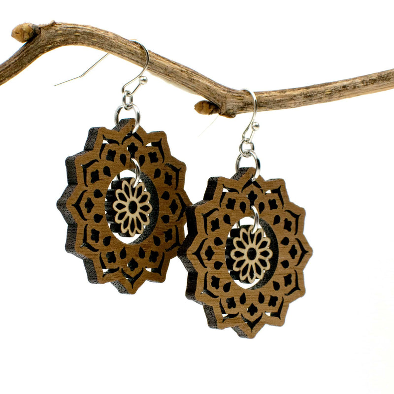 Wood Mandala and Flower Dangle Two Tone Boho Earrings