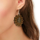 Mandala and Flower Design Wood Dangle Earrings with Silver Hooks
